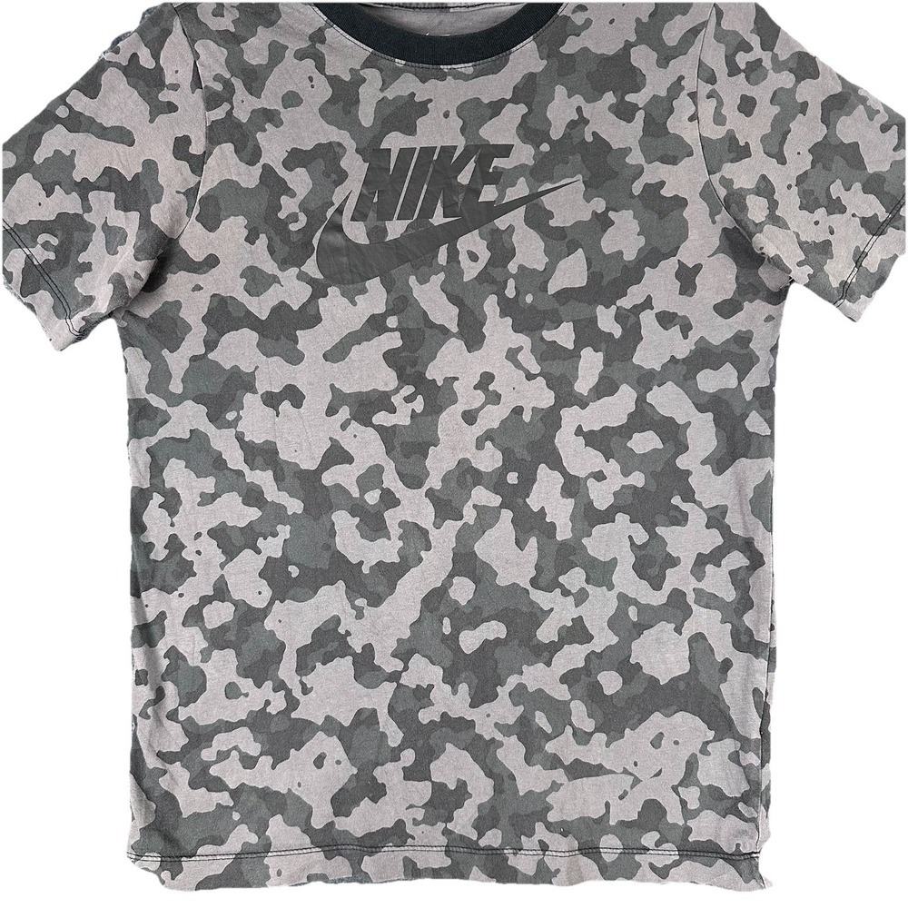 Nike Shirt YXL Gray Camo Big Logo Swoosh Graphic Print Spell Out Short Sleeve